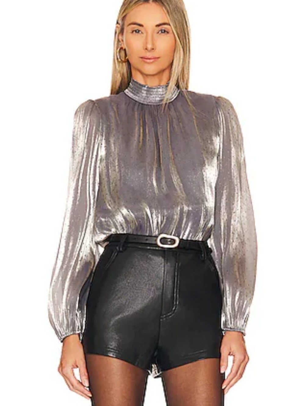 Revolve 1. State Mock Neck Open Back Top Pewter Shimmer Dots Long Sleeve Gray S